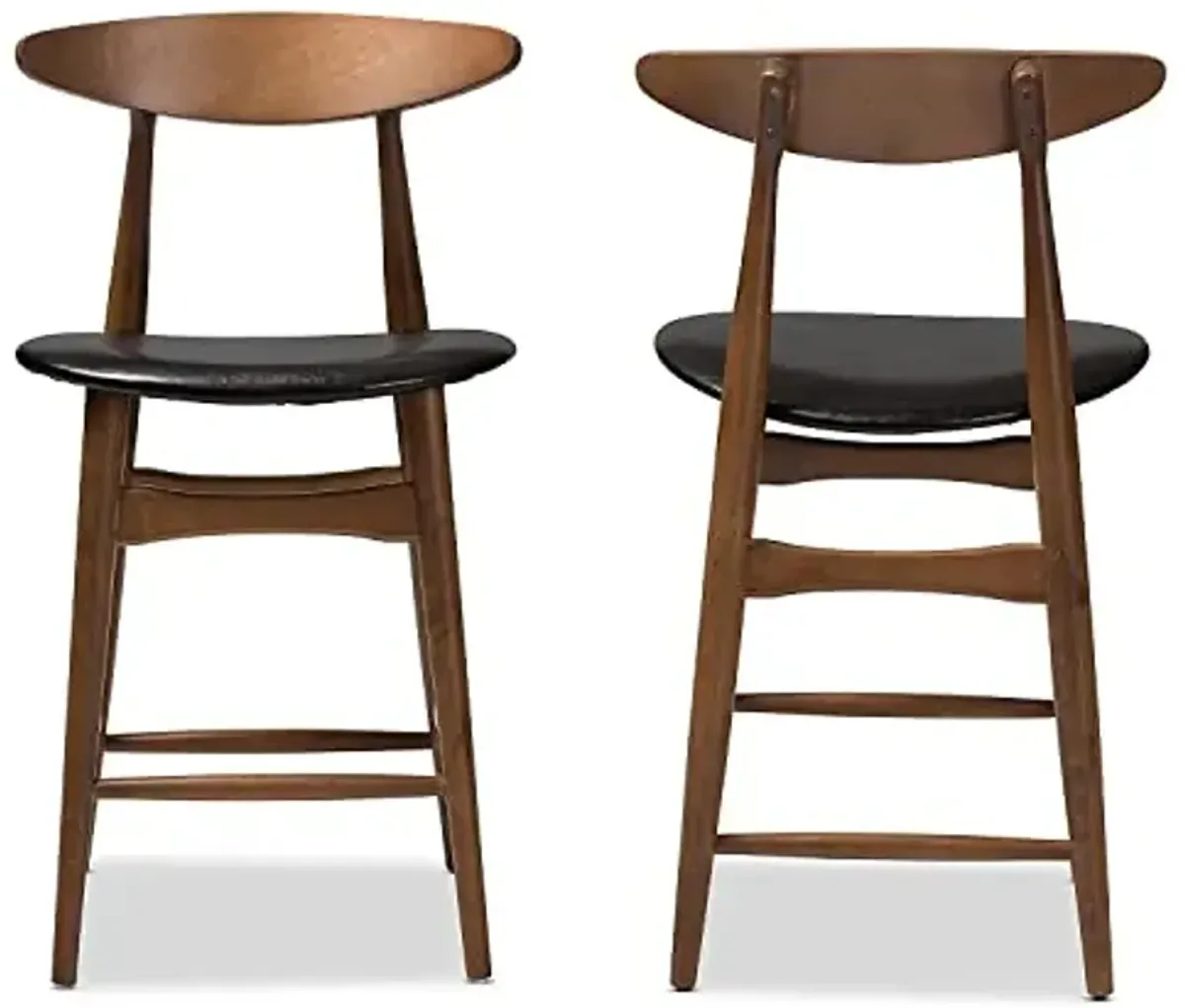 Baxton Studio Flora Mid-Century Modern Black Faux Leather Upholstered Walnut Finished Counter Stool Set Black/Qty 2/Medium Wood/Mid-Century/Faux Leather/Rubber Wood/Foam