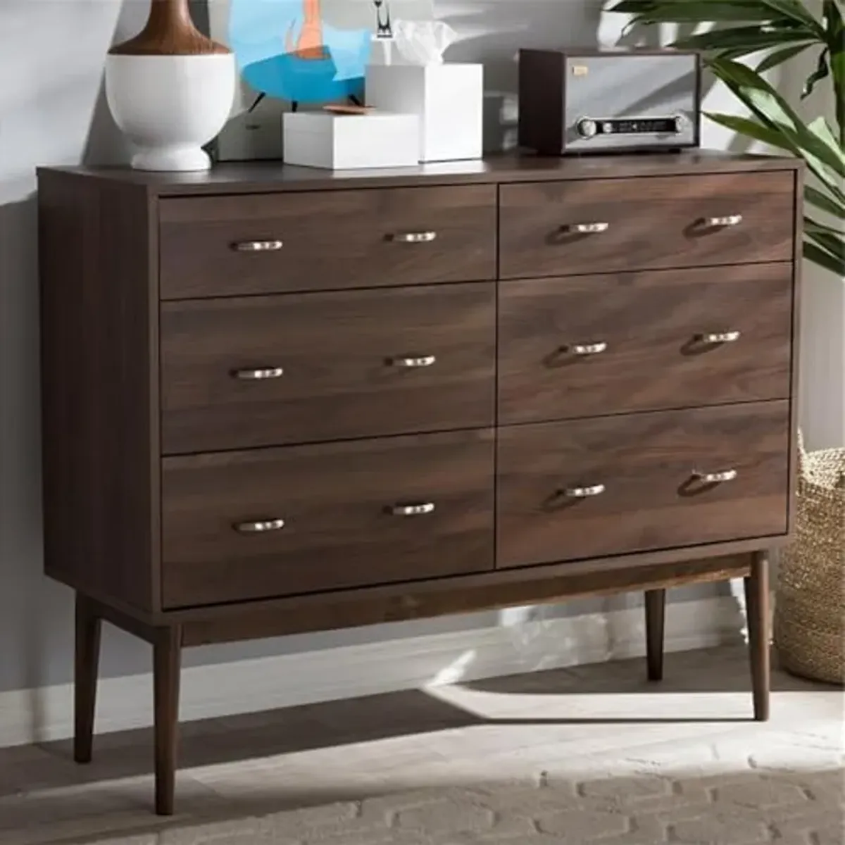 Baxton Studio DISA Mid-Century Modern Walnut Brown Finished 6-Drawer Dresser Brown//Medium Wood/Mid-Century/Particle Board/MDF