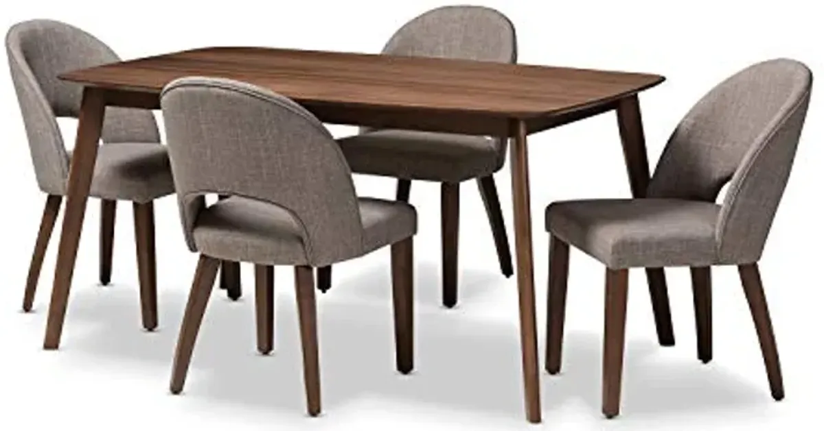 Baxton Studio Wesley Mid-Century Modern Light Grey Fabric Upholstered Walnut Finished Wood 5-Piece Dining Set