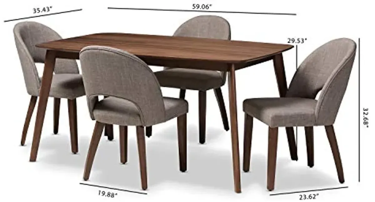 Baxton Studio Wesley Mid-Century Modern Light Grey Fabric Upholstered Walnut Finished Wood 5-Piece Dining Set