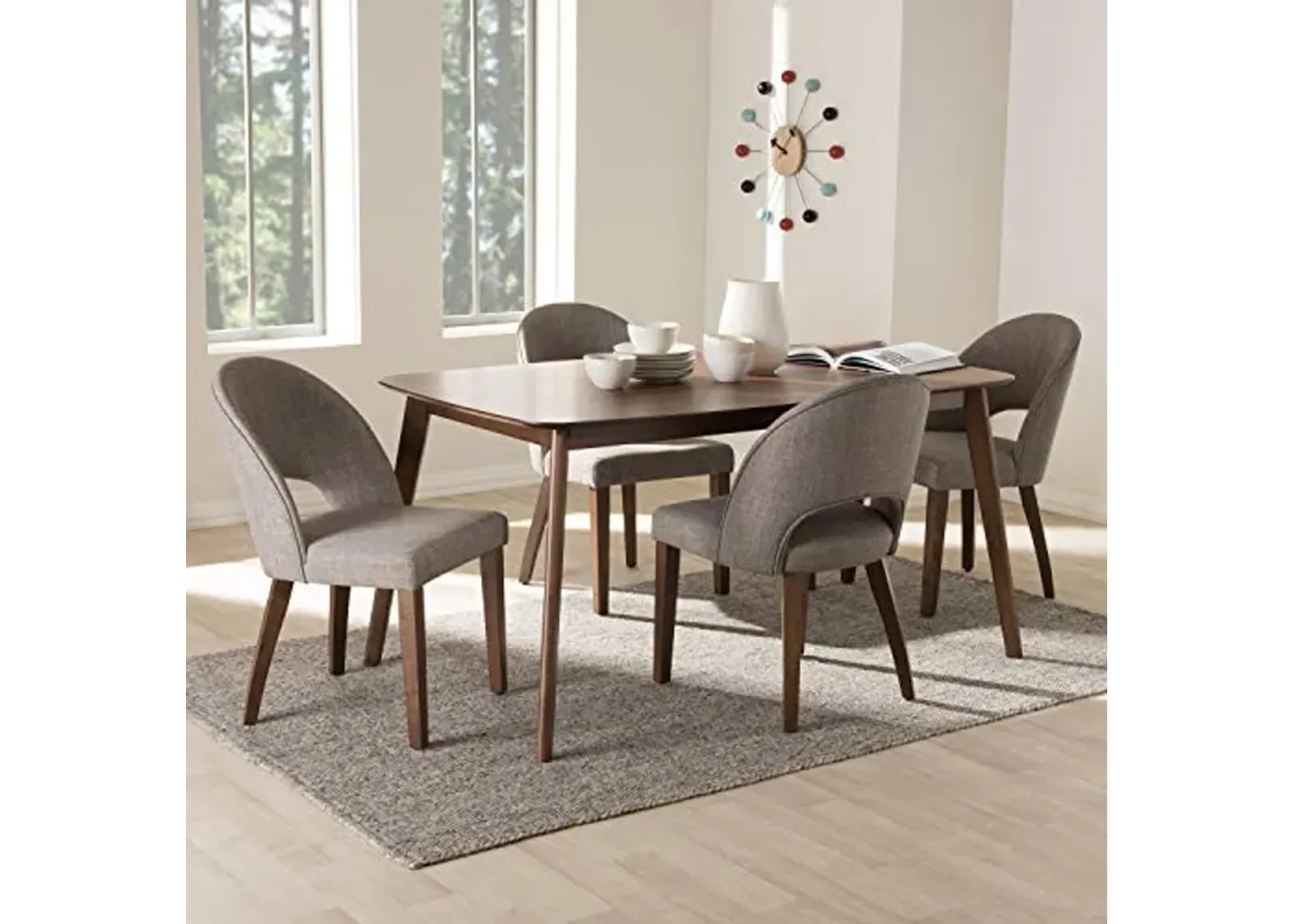 Baxton Studio Wesley Mid-Century Modern Light Grey Fabric Upholstered Walnut Finished Wood 5-Piece Dining Set