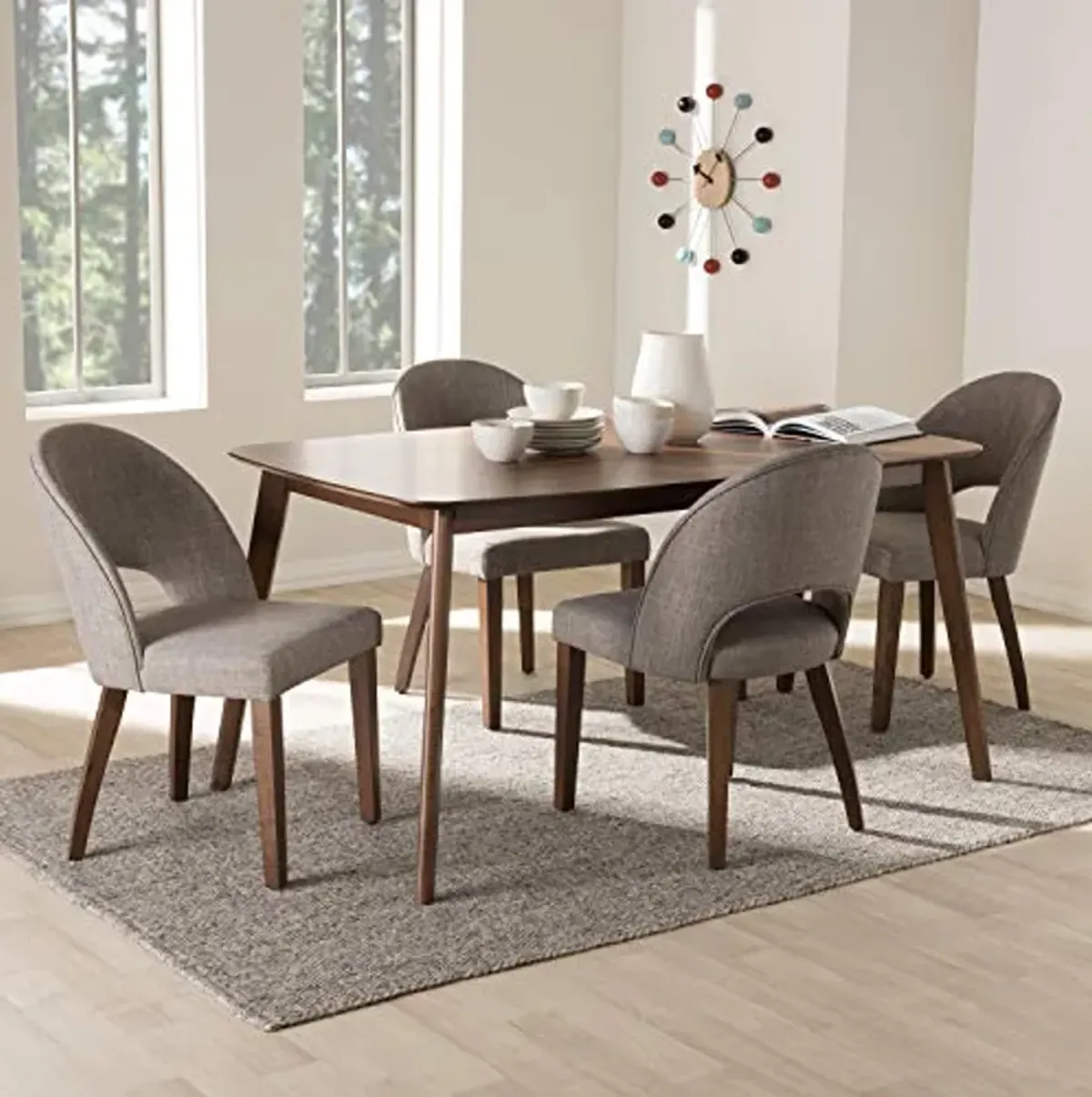 Baxton Studio Wesley Mid-Century Modern Light Grey Fabric Upholstered Walnut Finished Wood 5-Piece Dining Set