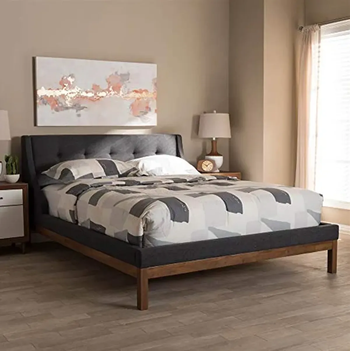 Baxton Studio Louvain Modern and Contemporary Dark Grey Fabric Upholstered Walnut-Finished Queen Sized Platform Bed