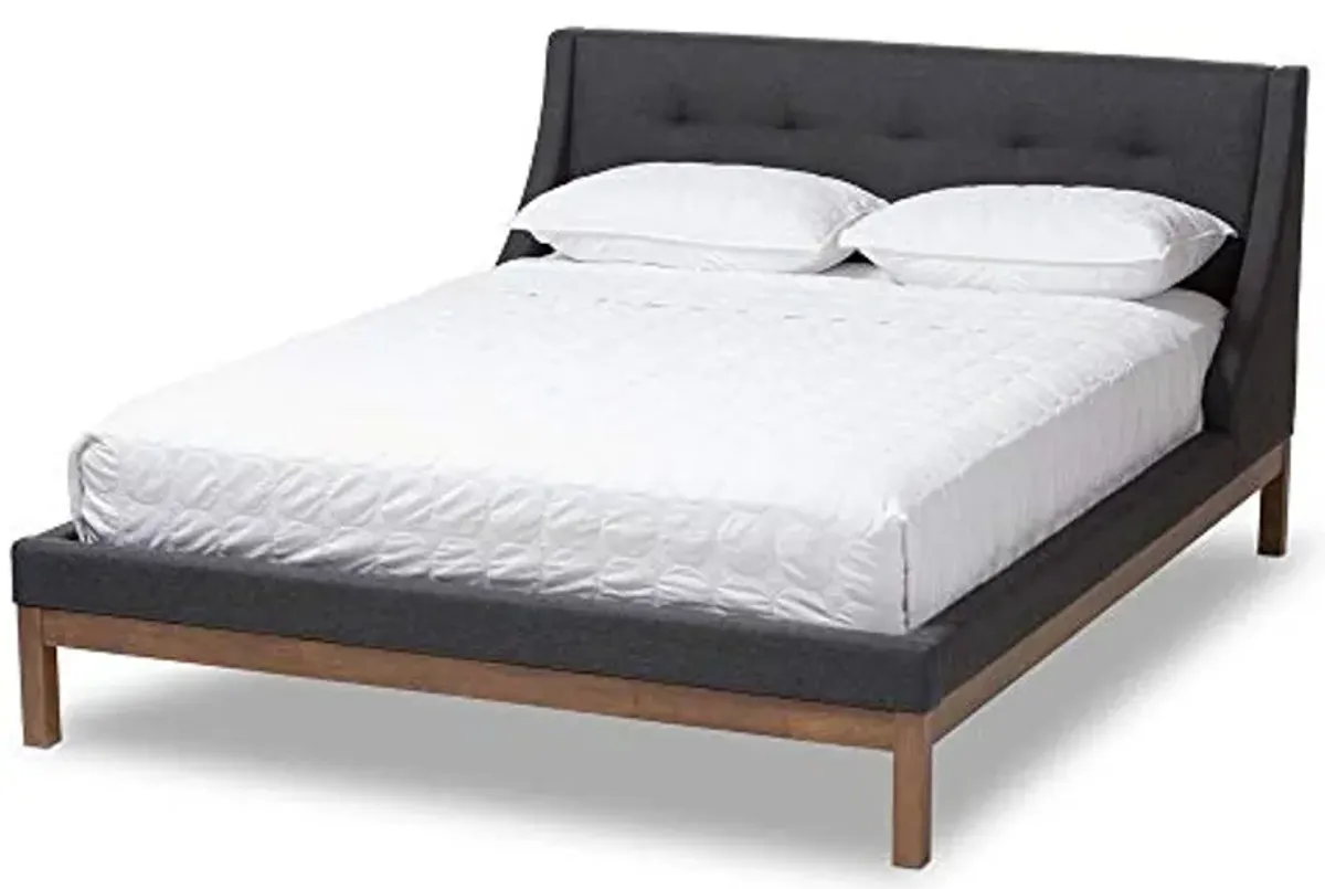 Baxton Studio Louvain Modern and Contemporary Dark Grey Fabric Upholstered Walnut-Finished Queen Sized Platform Bed