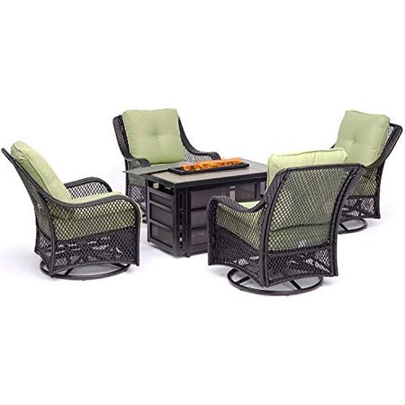 Orleans 5-Piece Fire Pit Chat Set with a 30,000 BTU Fire Pit Table and 4 Woven Swivel Gliders in Avocado Green