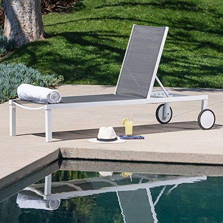 Hanover Windham Adjustable Sling Chaise Lounger | Modern Outdoor Furniture for Patio, Backyard, Poolside | Rust-Proof Aluminum Frame | Weather-Resistant | Gray | WINDCHS-W-Gry, White/Grey