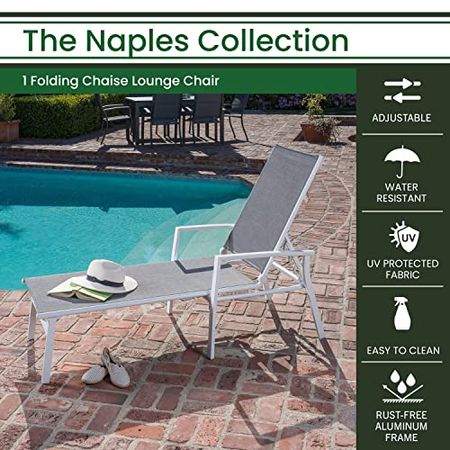 Hanover Frame Naples Outdoor Folding Chaise Adjustable Backrest | Patio and Poolside Lounging Chair | UV and Weather-Resistant Sling Fabric | NAPLESCHS-W-Gry, 1 Piece, White/Gray