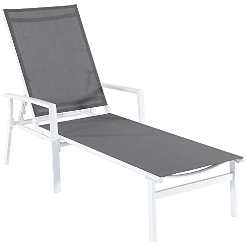 Hanover Frame Naples Outdoor Folding Chaise Adjustable Backrest | Patio and Poolside Lounging Chair | UV and Weather-Resistant Sling Fabric | NAPLESCHS-W-Gry, 1 Piece, White/Gray