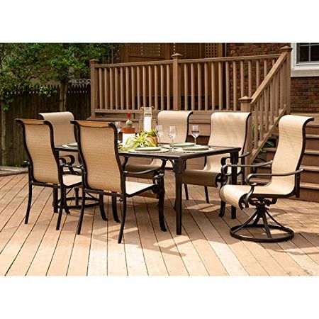 Hanover 7-Piece Brigantine Modern Outdoor Dining Set | 4 Sling Chairs, 2 Swivel Rockers | 40'' x 70'' Glass-Top Table | Weather, Rust, UV Resistant | Tan | BRIGDN7PCSWG-2