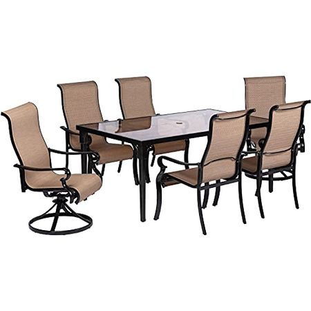Hanover 7-Piece Brigantine Modern Outdoor Dining Set | 4 Sling Chairs, 2 Swivel Rockers | 40'' x 70'' Glass-Top Table | Weather, Rust, UV Resistant | Tan | BRIGDN7PCSWG-2
