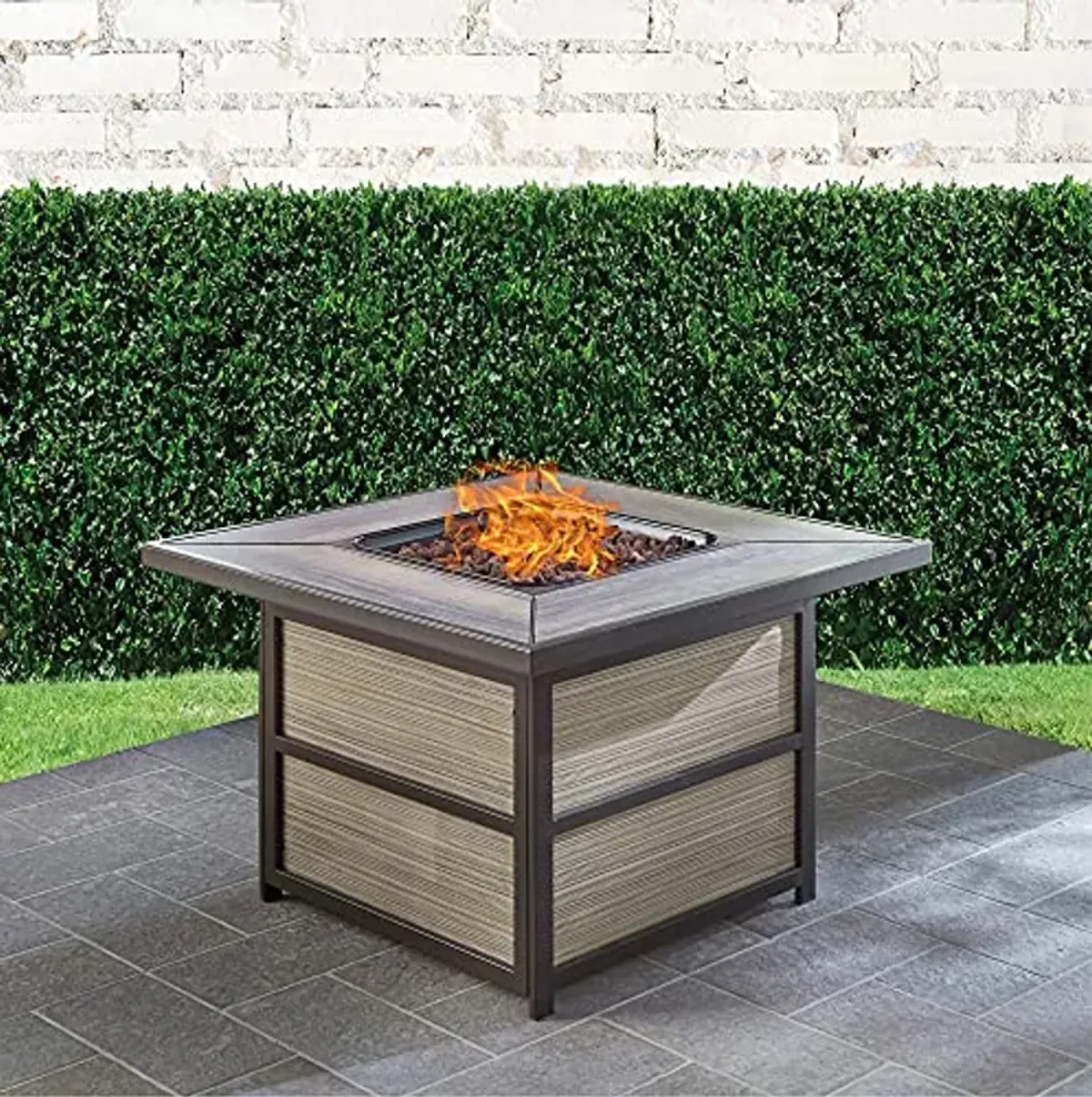 Hanover Chateau 40,000 BTU Porcelain Stone Tile Square Outdoor Fire Pit Coffee Table with Easy to Operate Push-Button Ignition, Weather, UV, and Rust Resistant Backyard Fire Pit