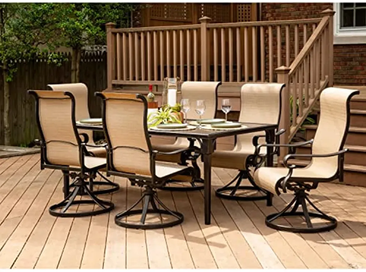 Hanover Brigantine 7-Piece Modern Outdoor Dining Set, Patio Dining Set for 6 with Sling Swivel Rockers and 40'' x 70'' Glass-Top Table, Weather, Rust, UV Resistant, Tan