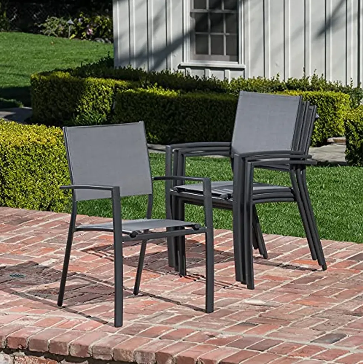 Naples 7-Piece Outdoor Dining Set 6 Sling Chairs in Gray 78" x 40" Dining Table