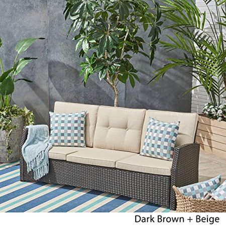 Christopher Knight Home Amigo Outdoor 3 Seater Wicker Sofa, Dark Brown with Beige Cushions