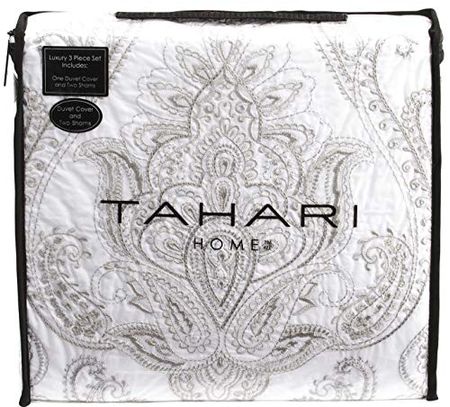 Tahari Home 100% Cotton Quilted Floral Damask 3pc Full Queen Duvet Cover Set Textured Stitching Embroidered Medallions (Silver, King)