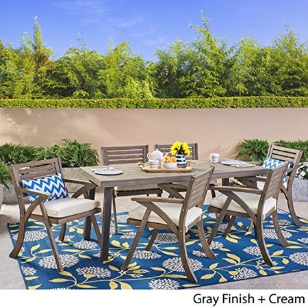 Christopher Knight Home George Outdoor 7 Piece Acacia Wood Dining Set, Gray Finish/Cream
