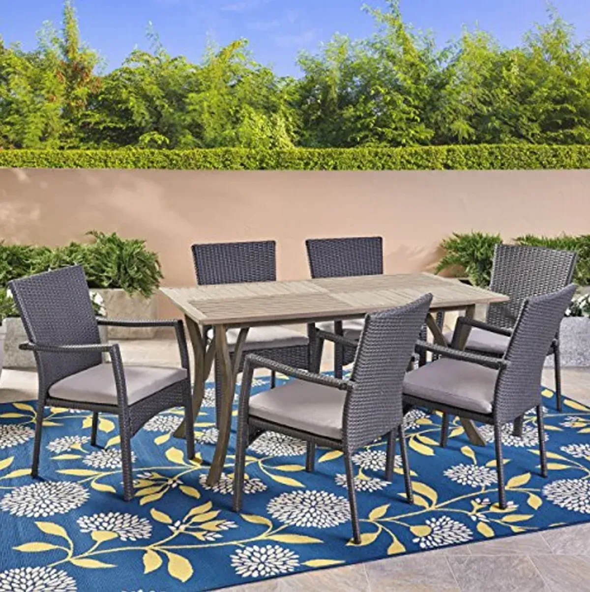 Christopher Knight Home Ronnie Outdoor 7 Piece Wood and Wicker Dining Set, Gray Finish/Gray