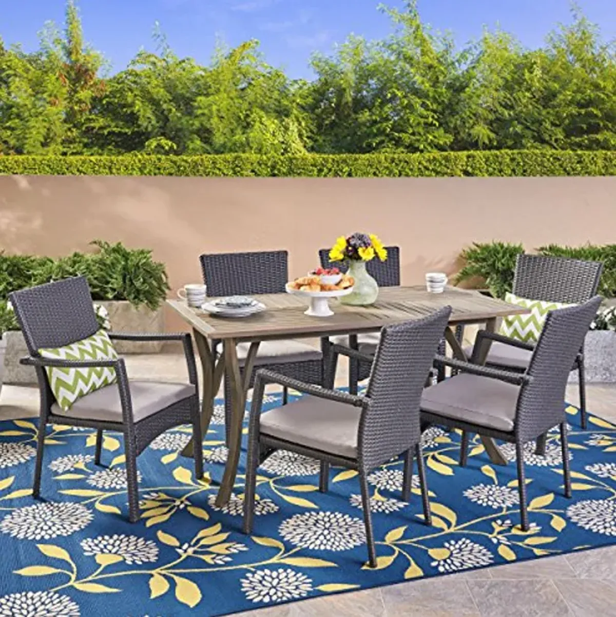 Christopher Knight Home Ronnie Outdoor 7 Piece Wood and Wicker Dining Set, Gray Finish/Gray