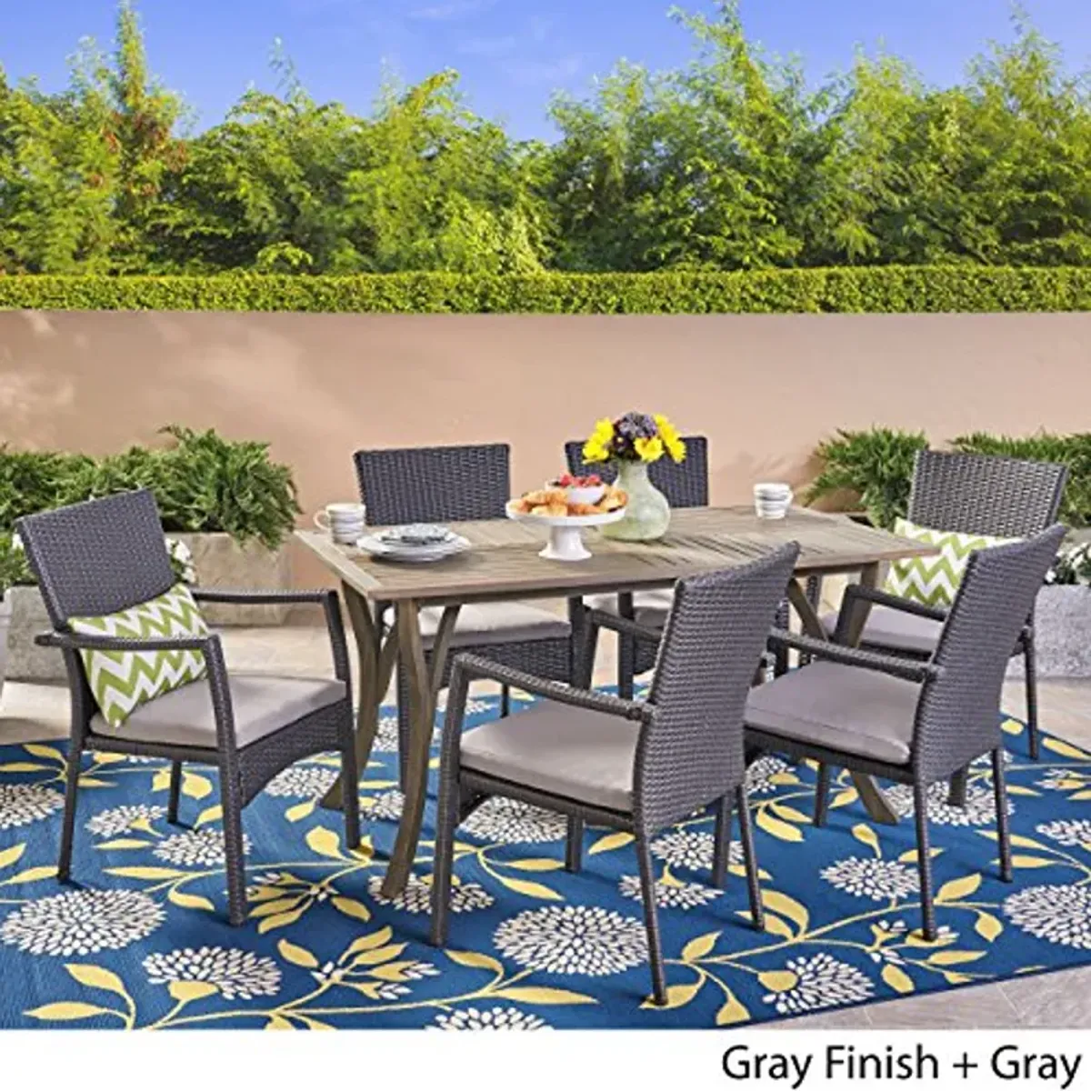 Christopher Knight Home Ronnie Outdoor 7 Piece Wood and Wicker Dining Set, Gray Finish/Gray