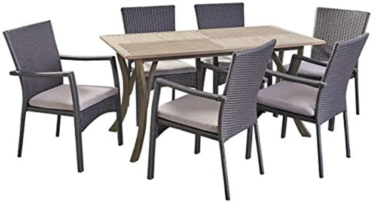 Christopher Knight Home Ronnie Outdoor 7 Piece Wood and Wicker Dining Set, Gray Finish/Gray