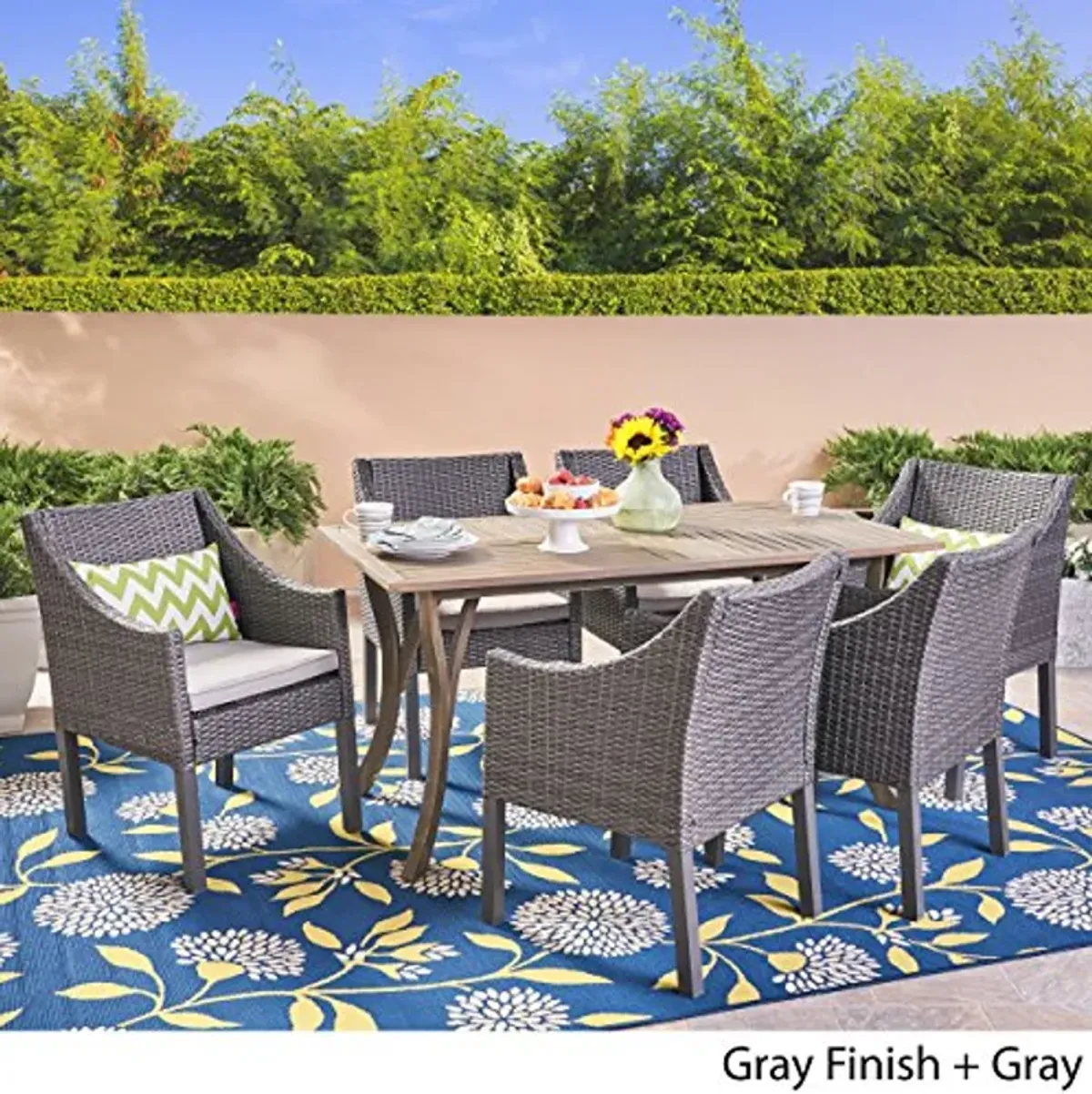 Christopher Knight Home Temorah Outdoor 7 Piece Wood and Wicker Dining Set, Gray Finish/Gray