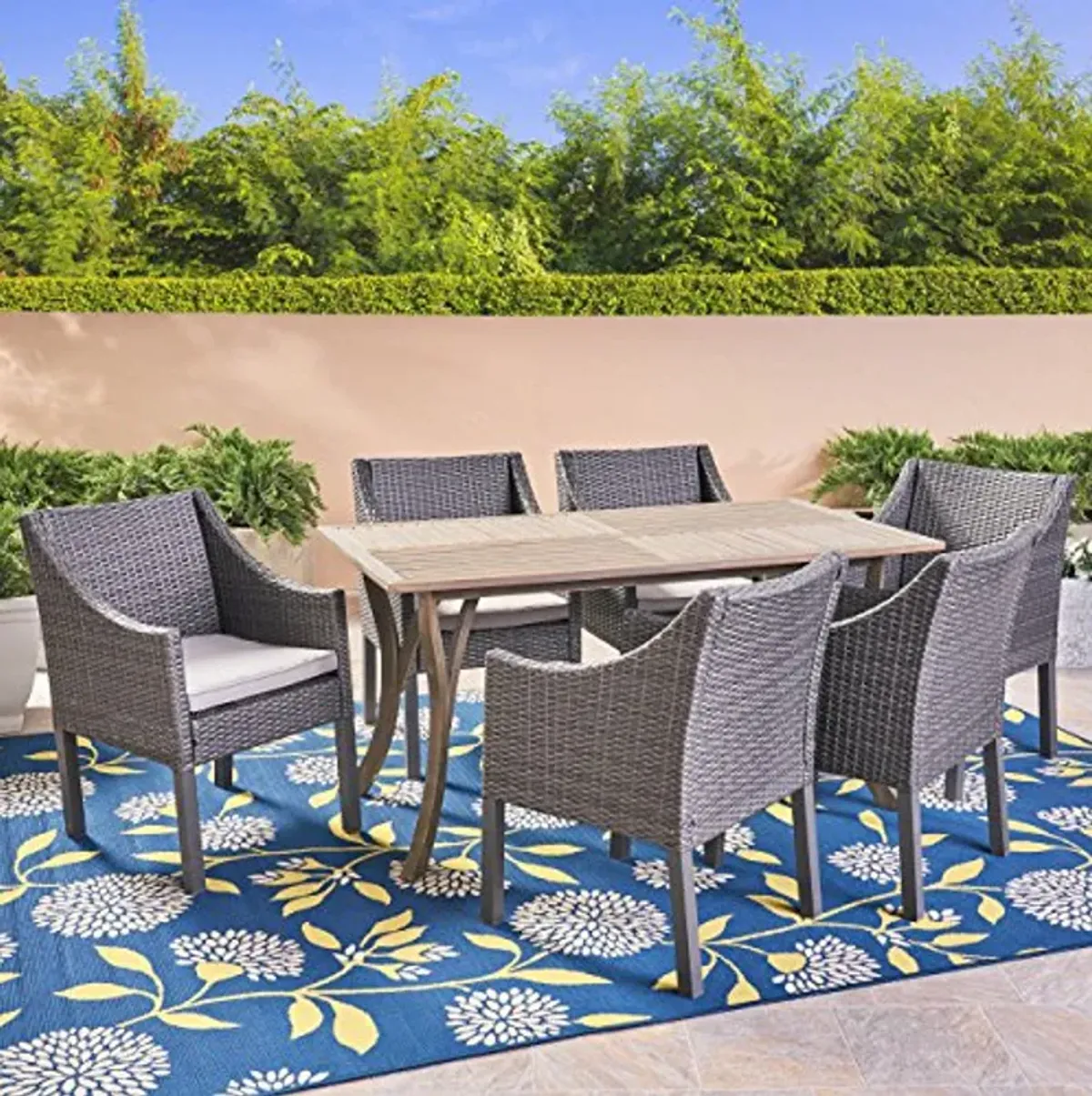 Christopher Knight Home Temorah Outdoor 7 Piece Wood and Wicker Dining Set, Gray Finish/Gray