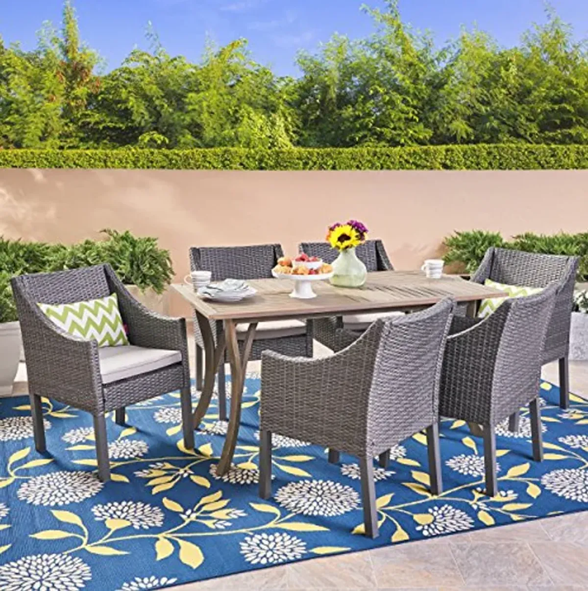 Christopher Knight Home Temorah Outdoor 7 Piece Wood and Wicker Dining Set, Gray Finish/Gray