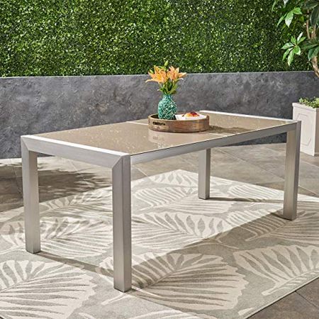 Christopher Knight Home Borg Outdoor Tempered Glass Dining Table with Aluminum Frame, Silver