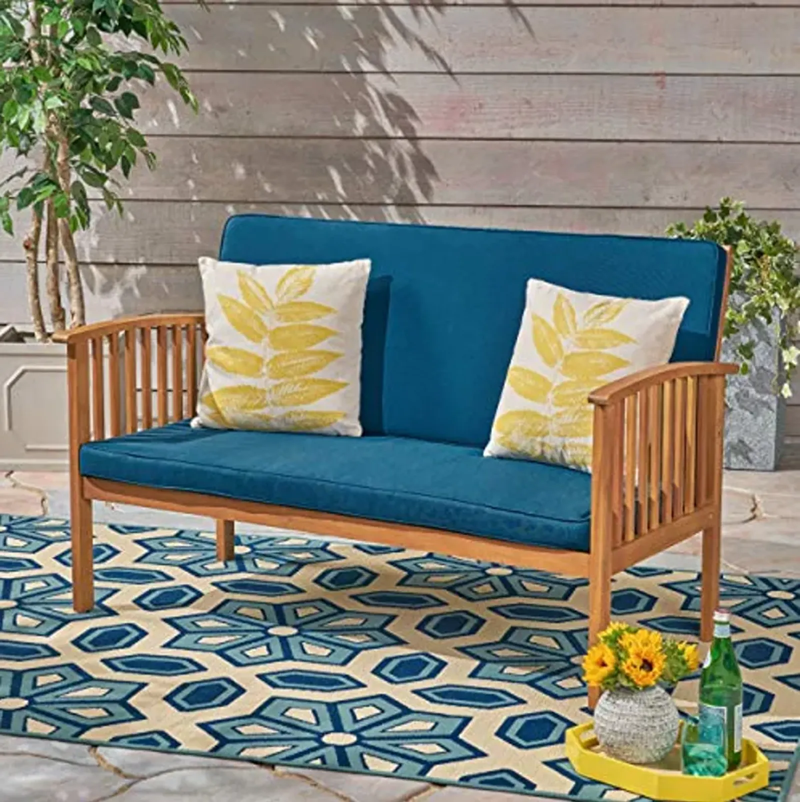 Christopher Knight Home Grace Outdoor Acacia Wood Loveseat, Brown Patina an Dark Teal