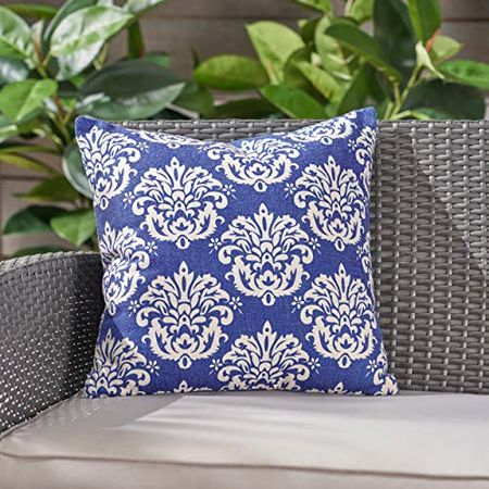 Christopher Knight Home Martin Outdoor Water Resistant 18" Square Pillow, Beige on Blue Damask