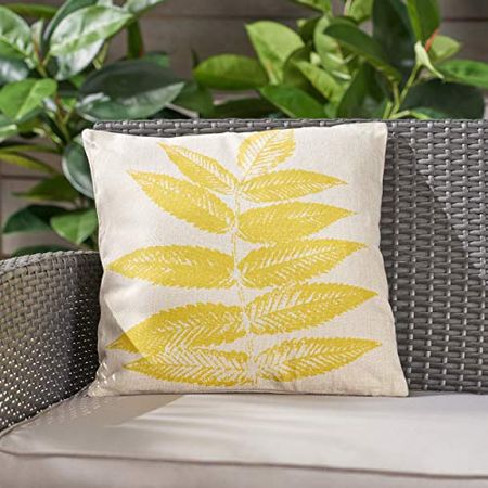 Christopher Knight Home Mark Outdoor Leaves Water Resistant 18" Square Pillow, Yellow on Beige