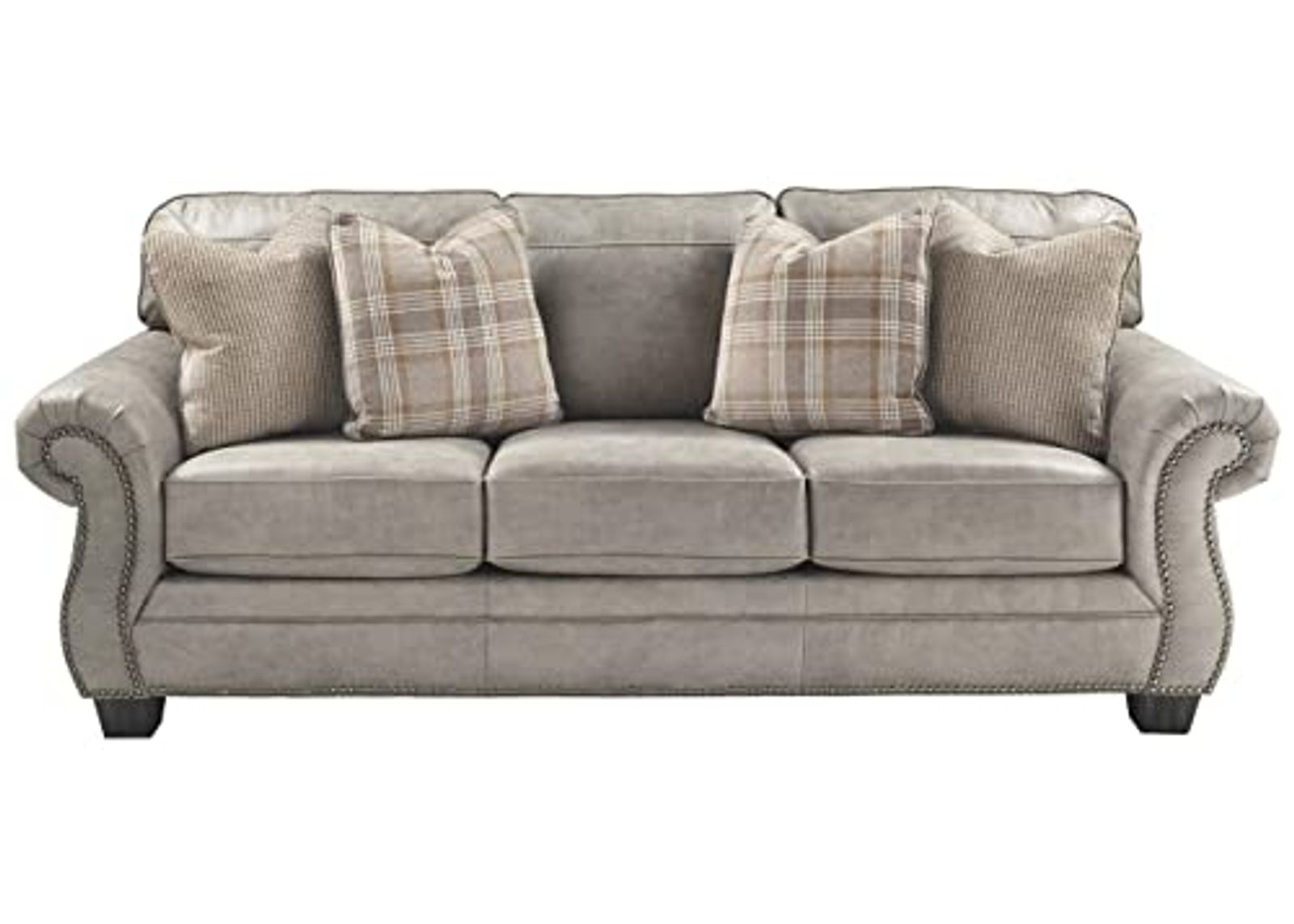 Signature Design by Ashley Olsberg Faux Leather Queen Sofa Sleeper with Nailhead Trim and 4 Accent Pillows, Gray