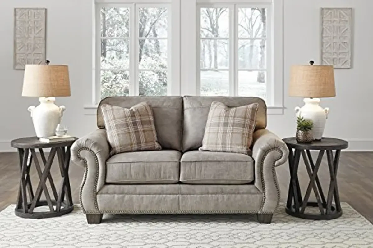 Signature Design by Ashley Olsberg Faux Leather Loveseat with Nailhead Trim and 2 Accent Pillows, Gray