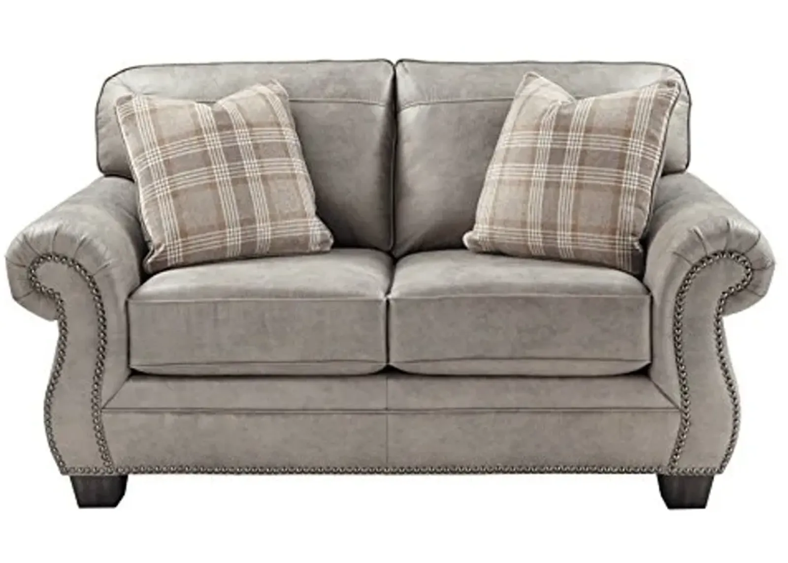 Signature Design by Ashley Olsberg Faux Leather Loveseat with Nailhead Trim and 2 Accent Pillows, Gray