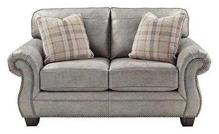 Signature Design by Ashley Olsberg Faux Leather Loveseat with Nailhead Trim and 2 Accent Pillows, Gray