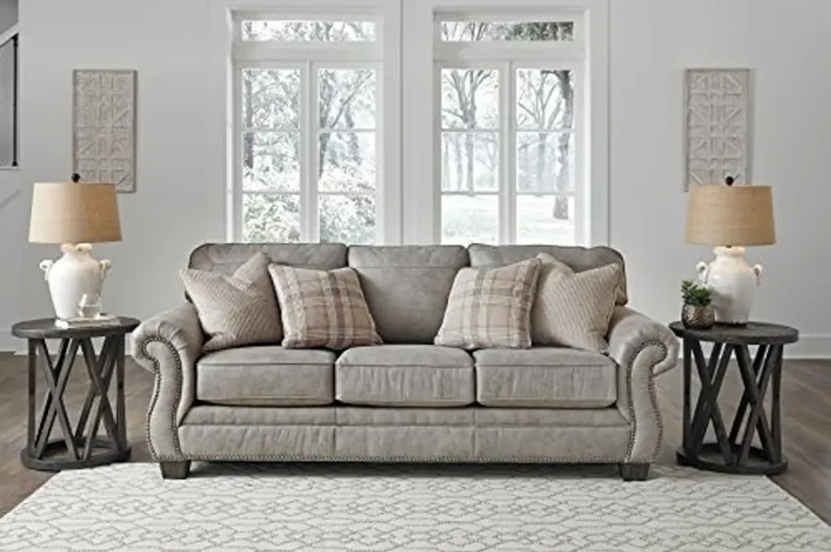 Signature Design by Ashley Olsberg Faux Leather Sofa with Nailhead Trim and 4 Accent Pillows, Gray