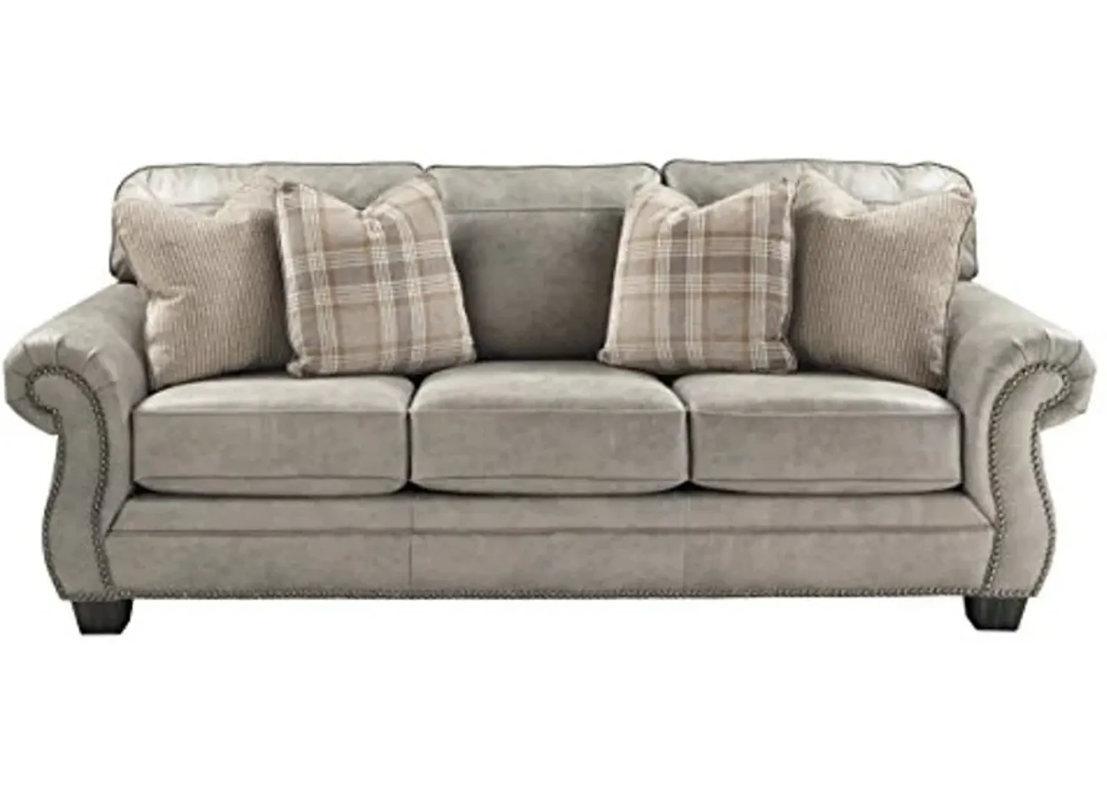 Signature Design by Ashley Olsberg Faux Leather Sofa with Nailhead Trim and 4 Accent Pillows, Gray