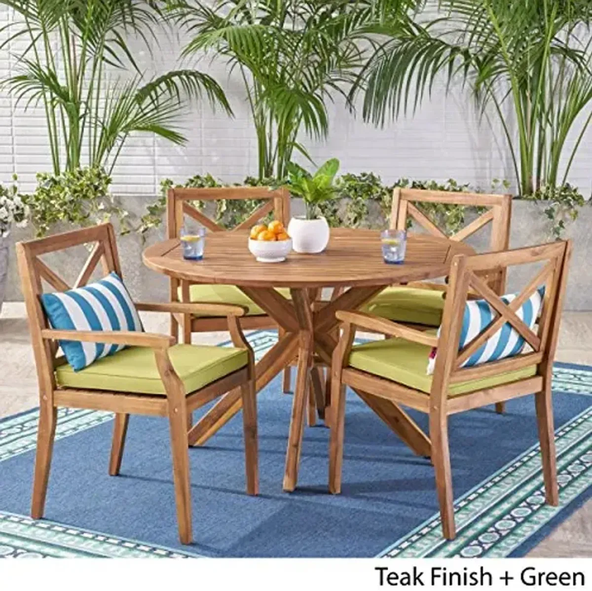 Christopher Knight Home Jordan Outdoor 5 Piece Acacia Wood Dining Set, Teak Finish/Green