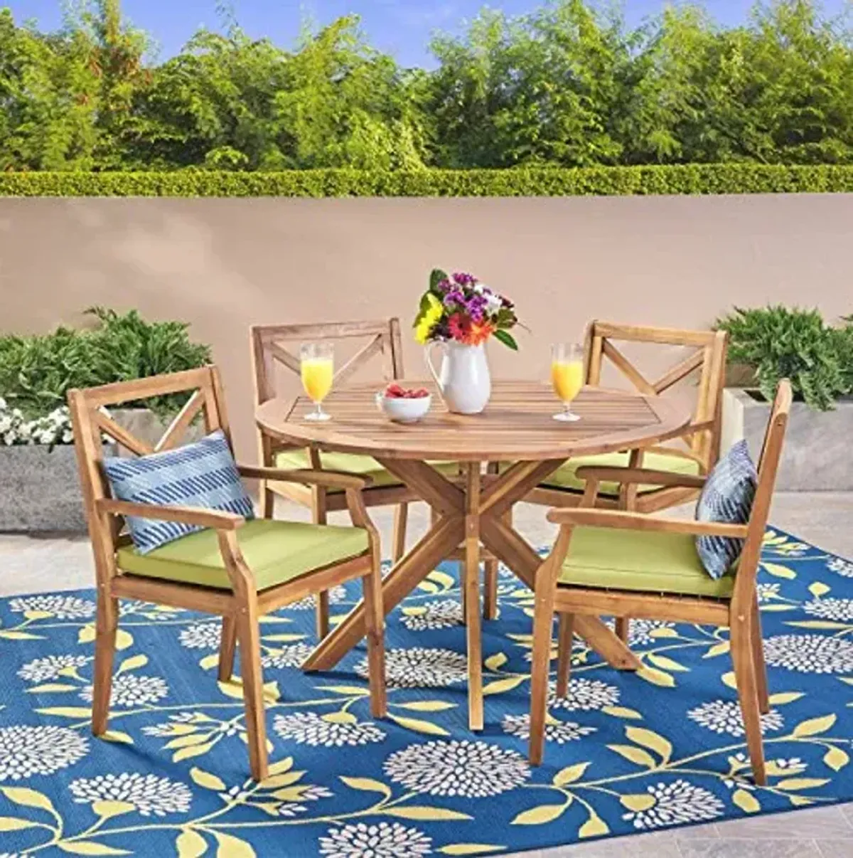 Christopher Knight Home Jordan Outdoor 5 Piece Acacia Wood Dining Set, Teak Finish/Green