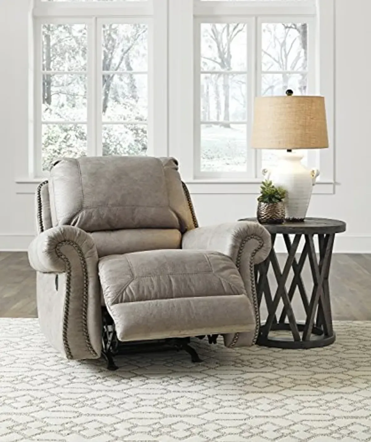 Signature Design by Ashley Olsberg Faux Leather Manual Rocker Recliner with Nailhead Trim, Gray