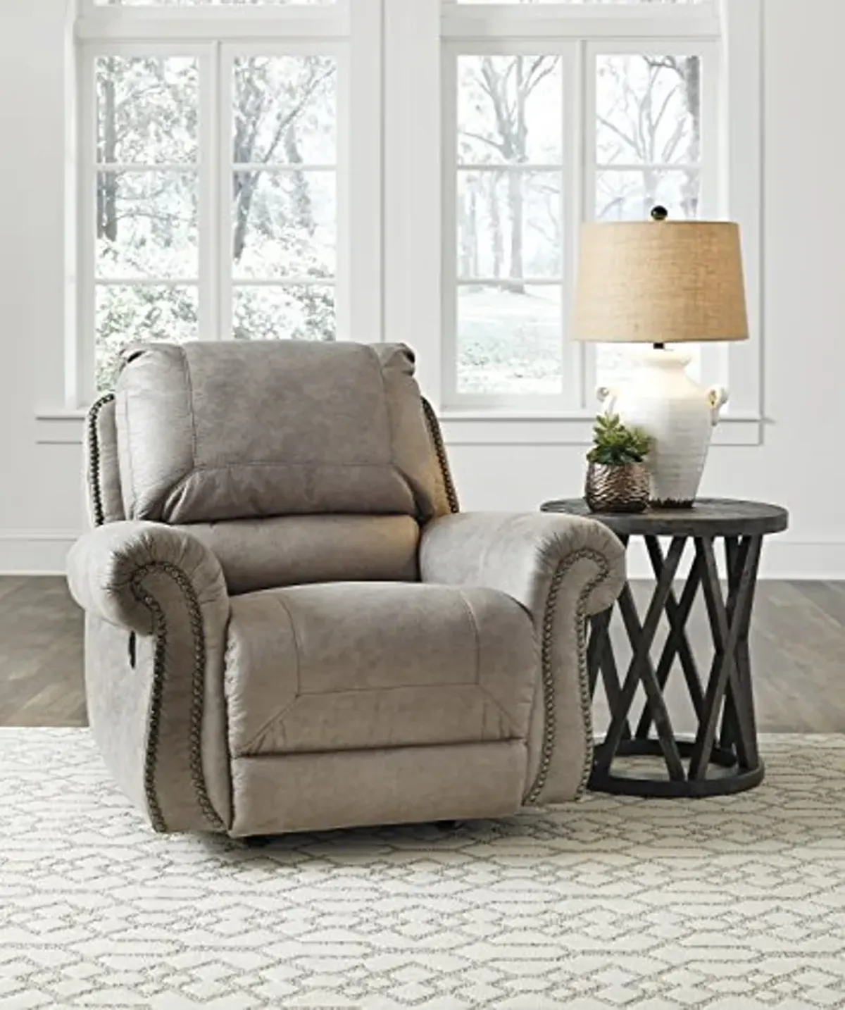 Signature Design by Ashley Olsberg Faux Leather Manual Rocker Recliner with Nailhead Trim, Gray