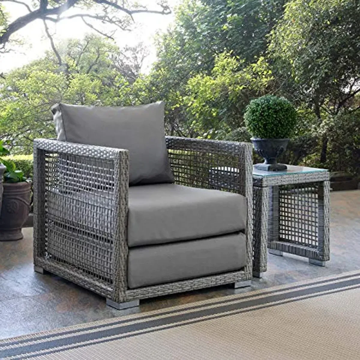 Modway Aura Wicker Rattan Outdoor Patio Arm Chair with Cushions in Gray Gray