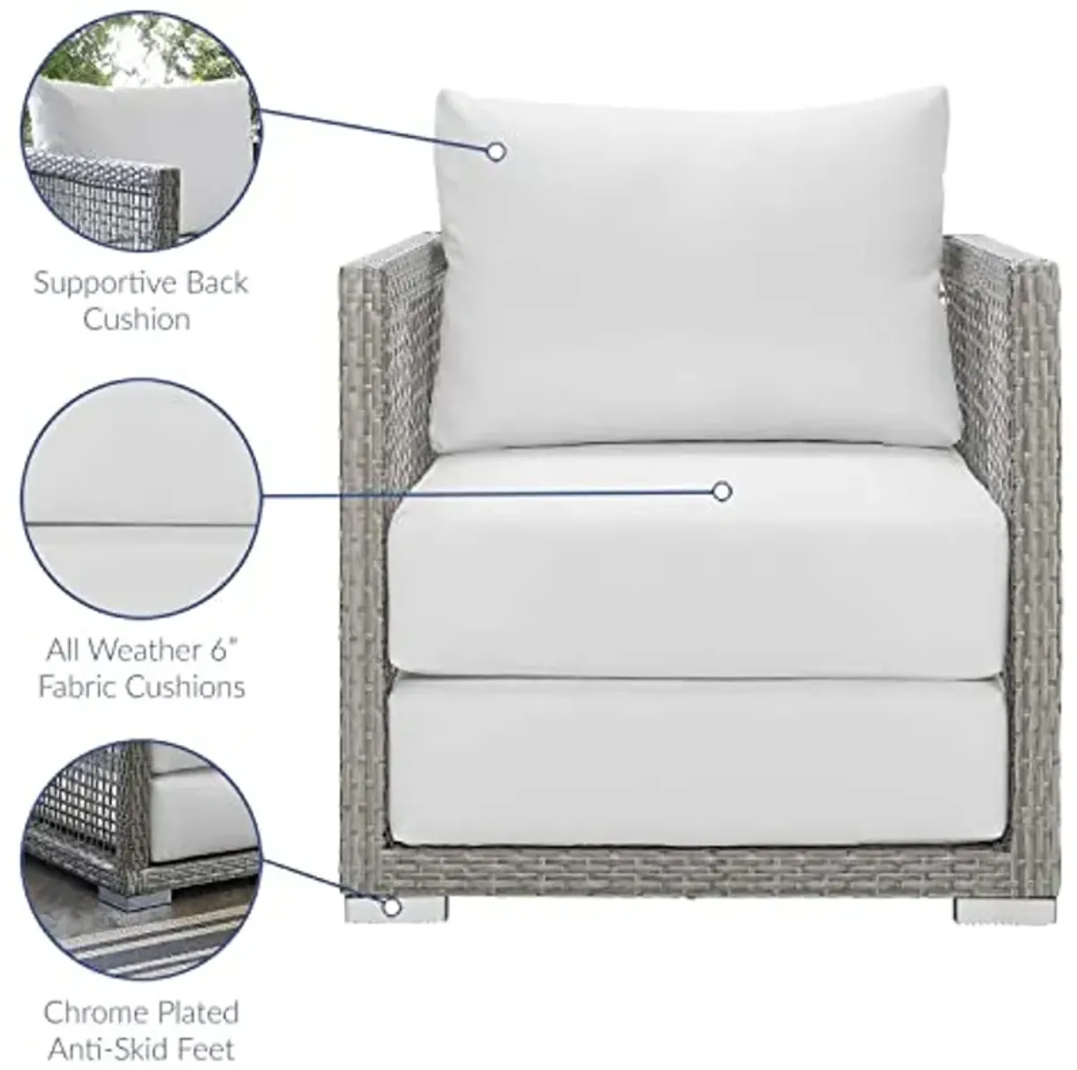 Modway Aura Wicker Rattan Outdoor Patio Arm Chair with Cushions in Gray White