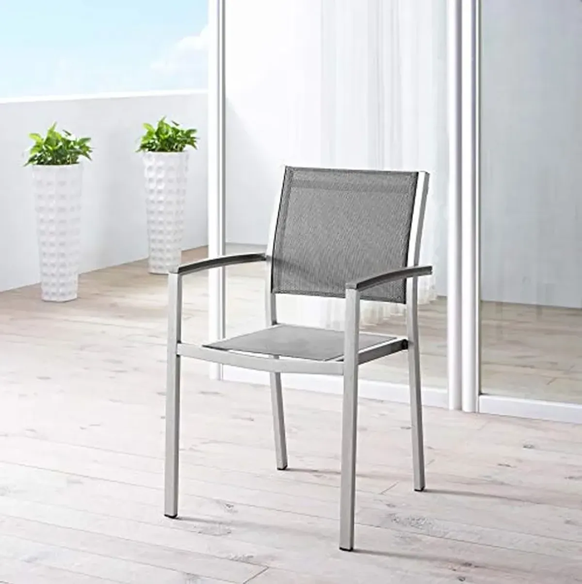 Modway Shore Aluminum Outdoor Patio Dining Arm Chair in Silver Gray