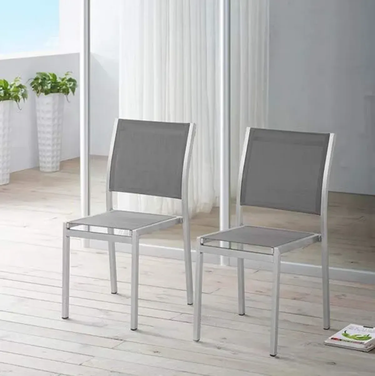 Modway Shore Outdoor Patio Aluminum Set of 2 Side Chair in Silver Gray