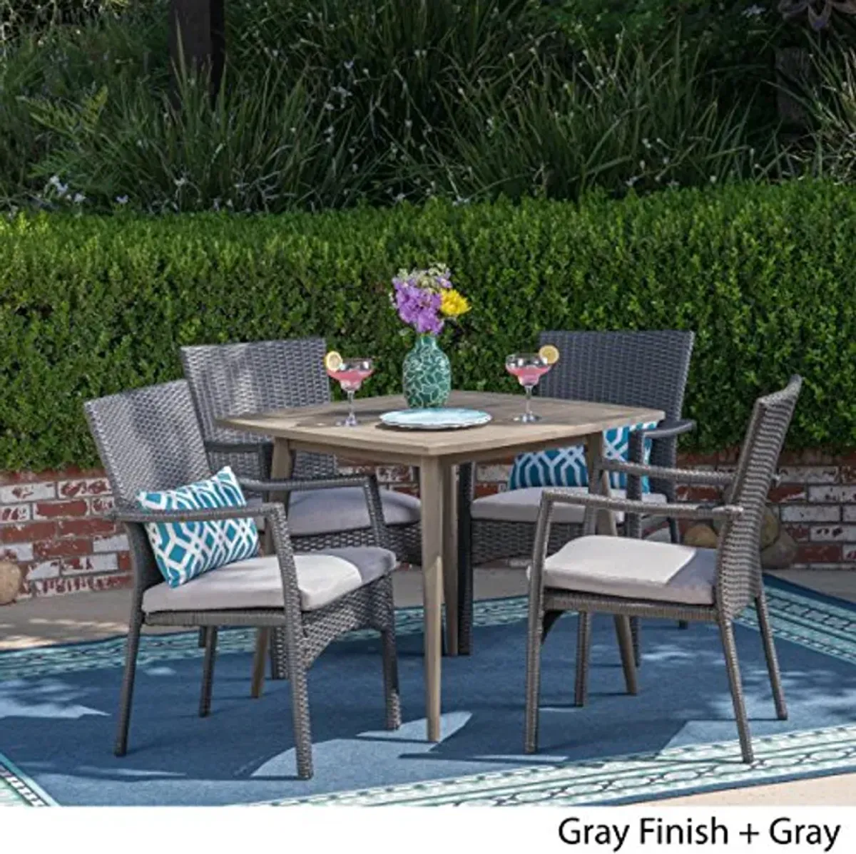 Christopher Knight Home Leah Outdoor 5 Piece Wood and Wicker Dining Set, Gray Finish/Gray