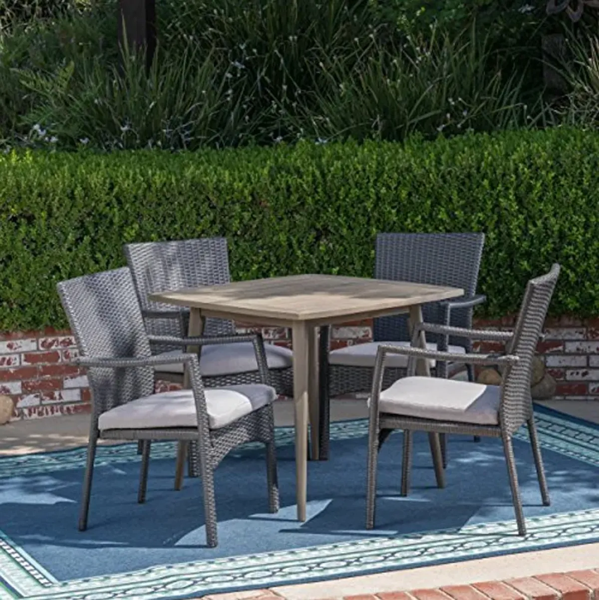 Christopher Knight Home Leah Outdoor 5 Piece Wood and Wicker Dining Set, Gray Finish/Gray