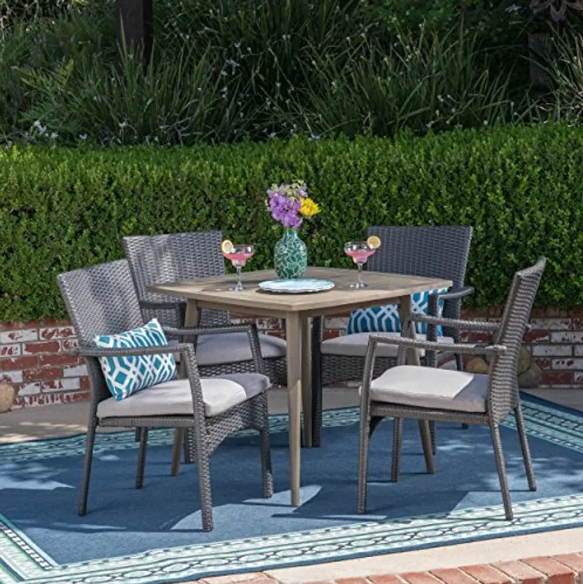 Christopher Knight Home Leah Outdoor 5 Piece Wood and Wicker Dining Set, Gray Finish/Gray