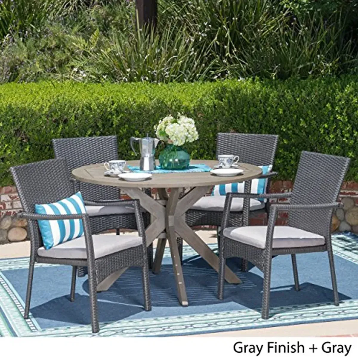 Christopher Knight Home Layna Outdoor 5 Piece Wood and Wicker Dining Set, Gray Finish/Gray