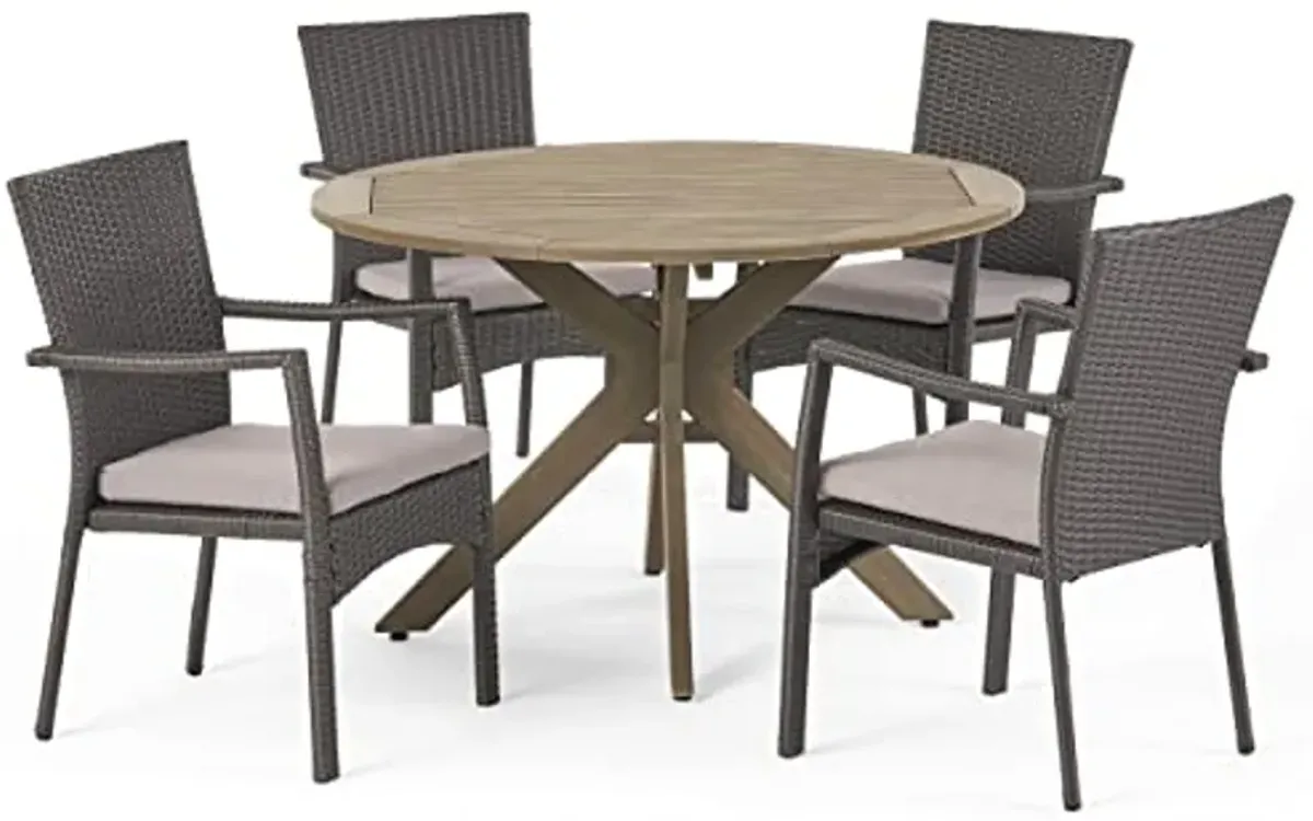 Christopher Knight Home Layna Outdoor 5 Piece Wood and Wicker Dining Set, Gray Finish/Gray